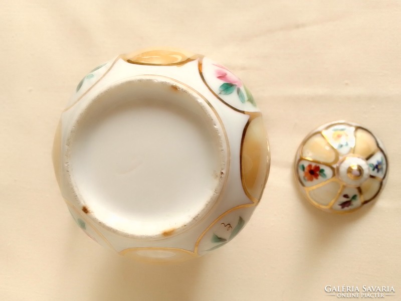 Régi antik Biedermeier kézzel festett aranyozott kicsi cseh porcelán fedeles tejes kancsó kiöntő