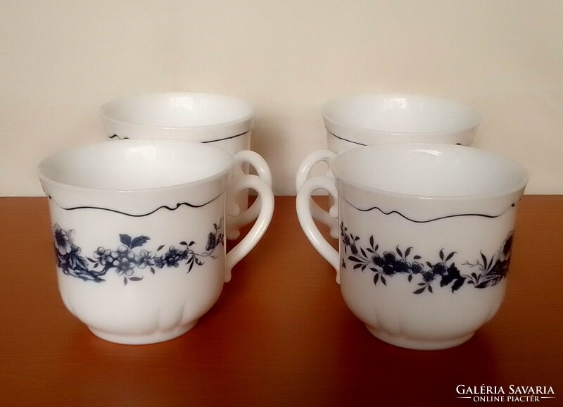Set of 4 retro French-faced blue-white floral patterned milk glass tea cocoa coffee mug cup set