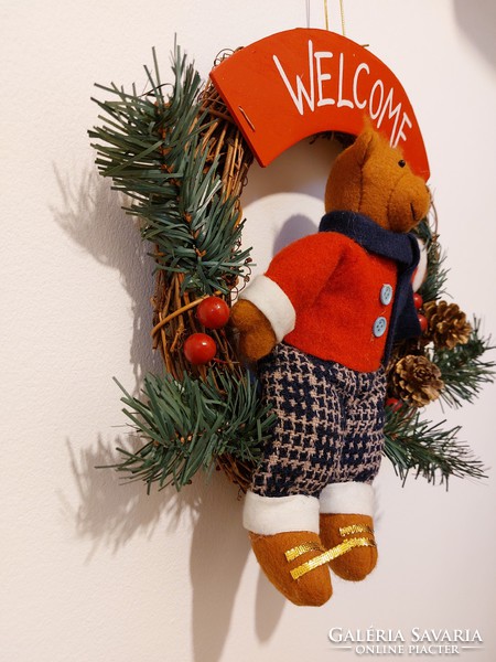 Christmas welcome wreath with teddy bear door decoration