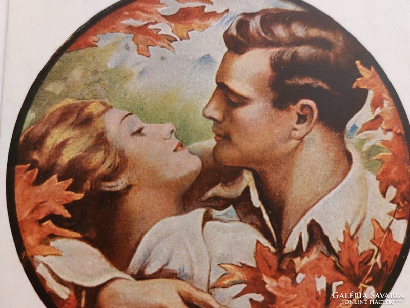 Régi képeslap Gilbert Au Paradis szerelmespár levelezőlap őszi falevelek
