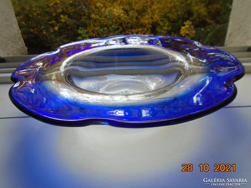 Giant thick-walled polished decorative plate with ruffled wide cobalt rim