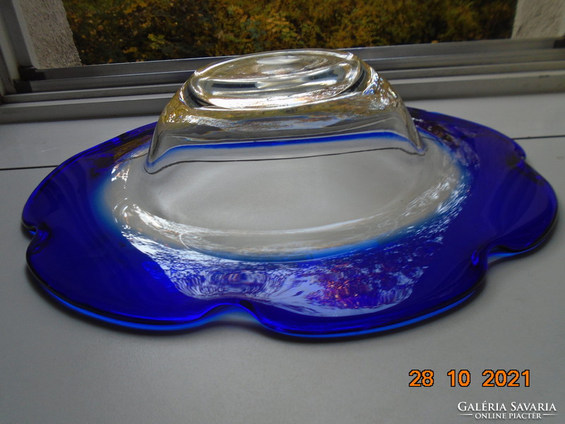 Giant thick-walled polished decorative plate with ruffled wide cobalt rim