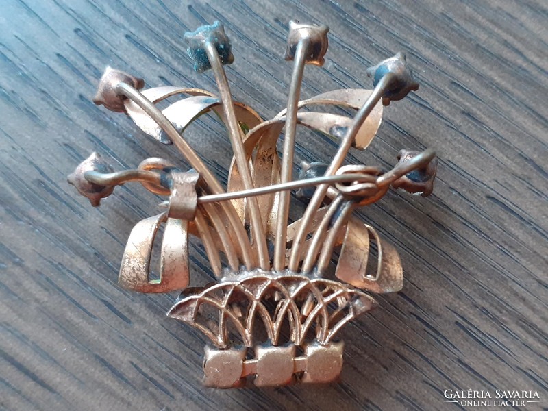 Old flower basket shaped metal badge with vintage women's brooch