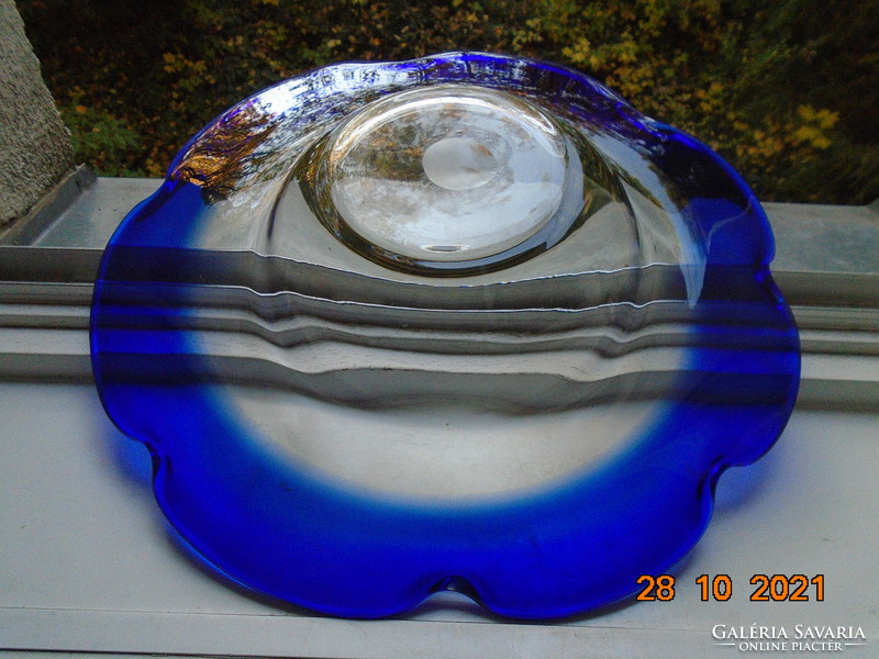 Giant thick-walled polished decorative plate with ruffled wide cobalt rim