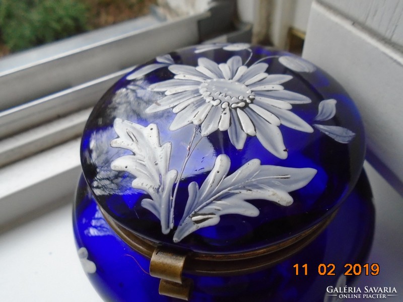 1900 French Art Nouveau cobalt blue glass bonbonier with white enamel flower fire gilt mount