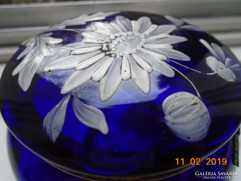 1900 French Art Nouveau cobalt blue glass bonbonier with white enamel flower fire gilt mount