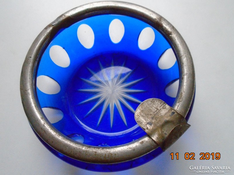 Metszett csiszolt kobalt üveg fém peremmel-9x4,3 cm