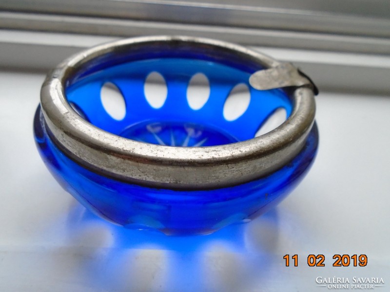 Incised polished cobalt glass with metal rim-9x4.3 cm