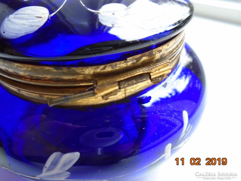 1900 French Art Nouveau cobalt blue glass bonbonier with white enamel flower fire gilt mount