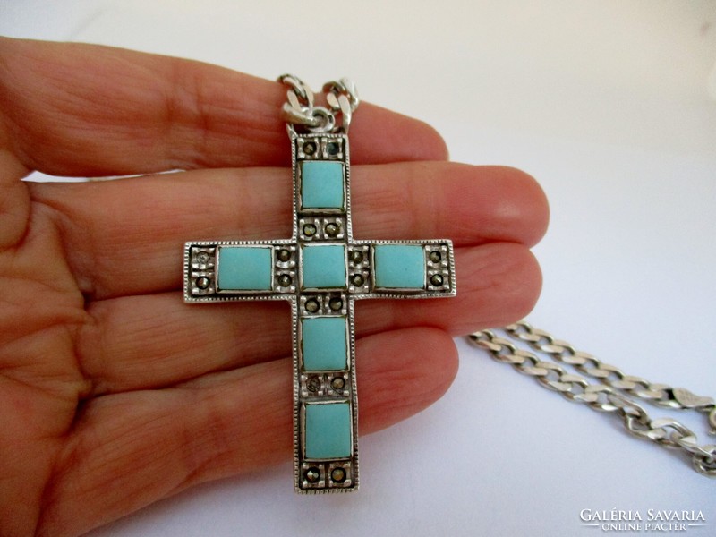 Beautiful old large silver necklace with turquoise stones