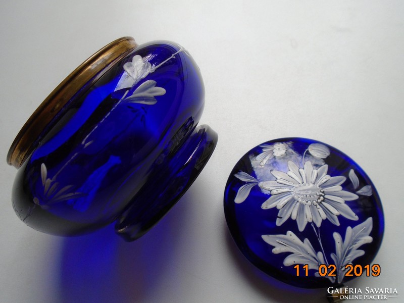 1900 French Art Nouveau cobalt blue glass bonbonier with white enamel flower fire gilt mount