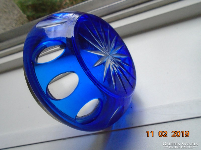 Incised polished cobalt glass with metal rim-9x4.3 cm