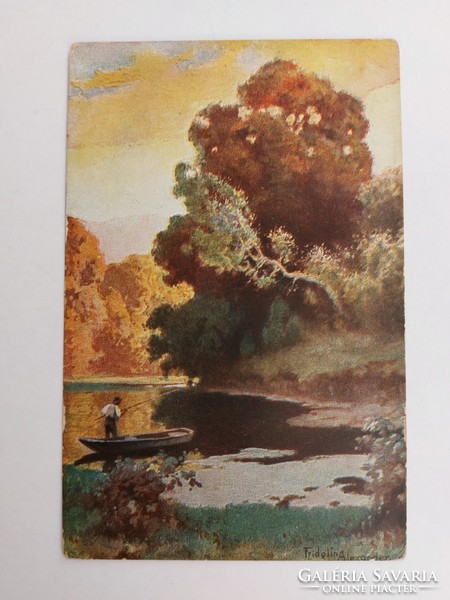 Régi képeslap őszi tájkép horgász a tavon levelezőlap