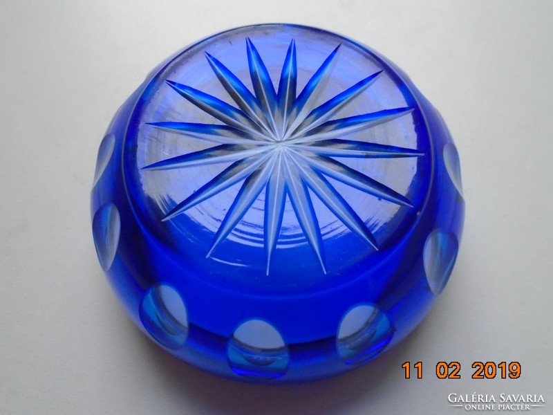 Metszett csiszolt kobalt üveg fém peremmel-9x4,3 cm