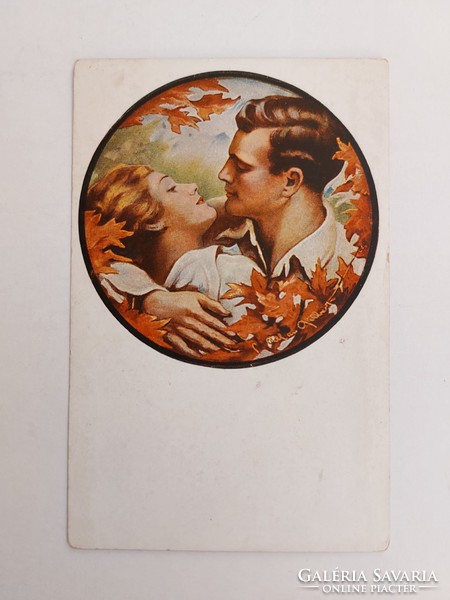 Régi képeslap Gilbert Au Paradis szerelmespár levelezőlap őszi falevelek