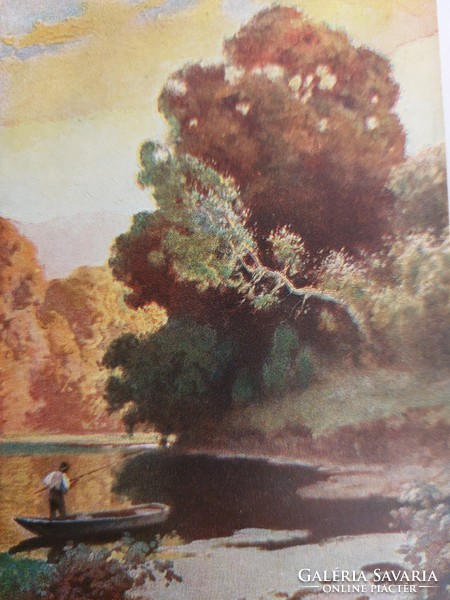 Old postcard autumn landscape fisherman on the lake postcard
