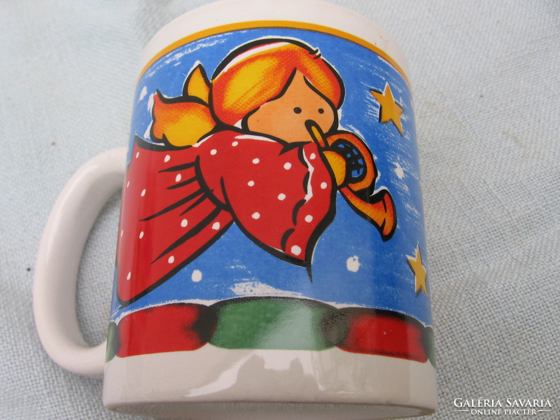 2 Angels in polka dot dresses and trumpets Christmas mug Wagner porcelain