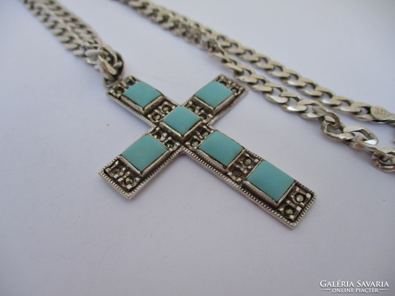 Beautiful old large silver necklace with turquoise stones