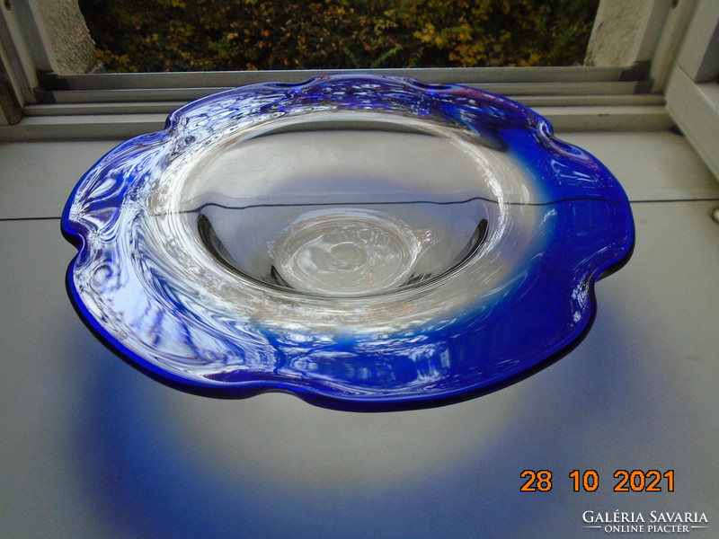 Giant thick-walled polished decorative plate with ruffled wide cobalt rim