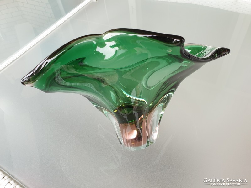 Régi retro cseh nagy 33 cm méretű üveg dísztál zöld rózsaszín design üvegtál asztalközép