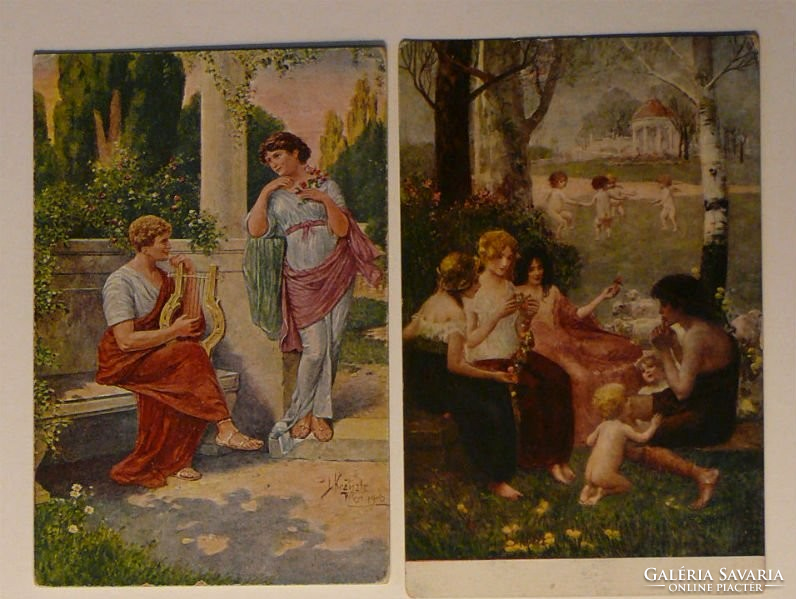 2 motif greeting cards, 1910s: music, dance, antique idyll