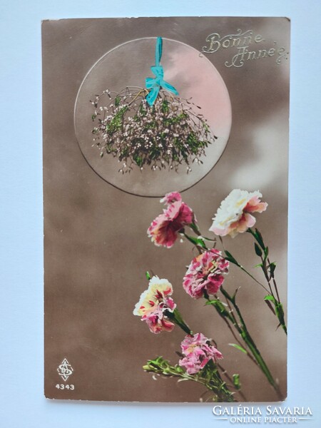 Old New Year's card photo postcard carnation mistletoe