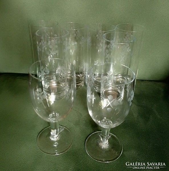 Set of 2 coasters + 6 classic wine and soda water glasses with fine polished incised pattern