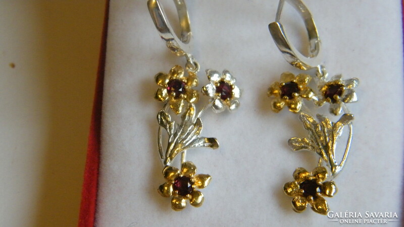 Handmade, floral 925, garnet stone earrings