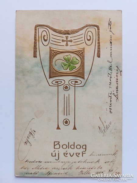 Régi újévi képeslap szecessziós 1905 dombornyomott  levelezőlap lóhere