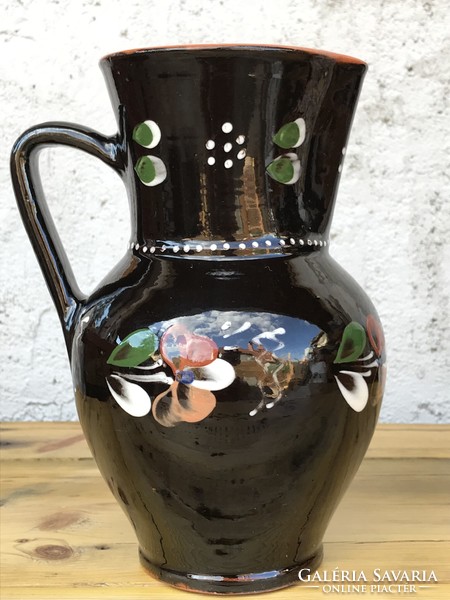 Glazed folk flower patterned ceramic pitcher vase