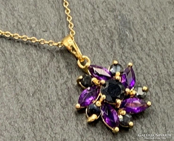 Wonderful amethyst-sapphire gem silver pendant, 14k gold plated 925 marked