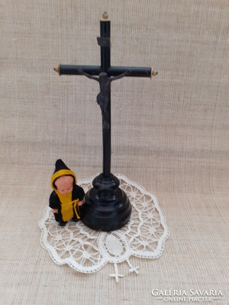 Antique table crucifix cross small beaten lace on church tablecloth small rubber post dressed nun doll