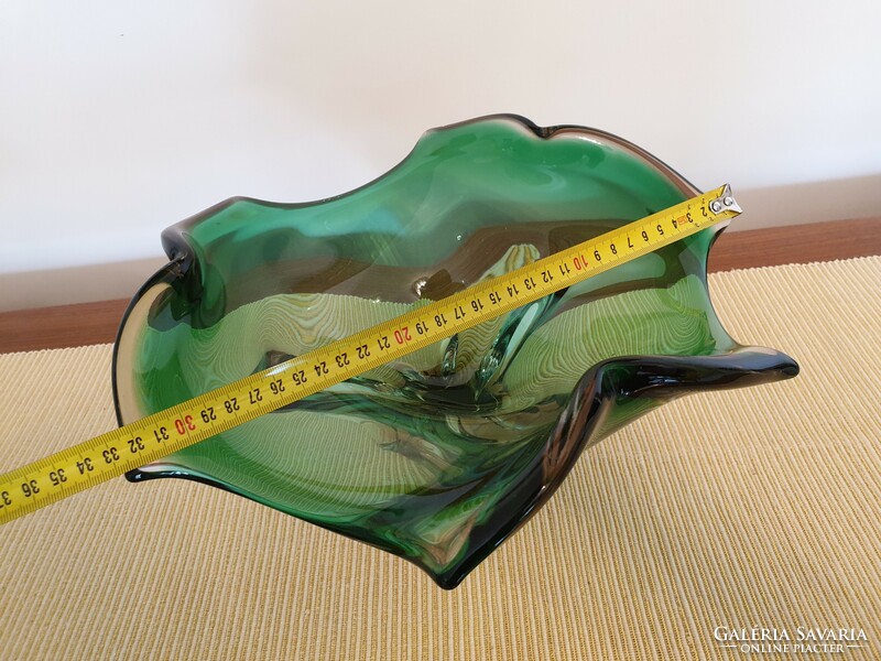Régi retro cseh nagy 33 cm méretű üveg dísztál zöld rózsaszín design üvegtál asztalközép