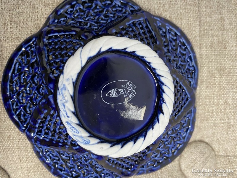 Romanian argsim porcelain cobalt blue grid serving bowls a21