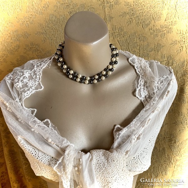Vintage pearl and hematite mineral necklace, long gemstone necklace, 76 cm, black and white chain