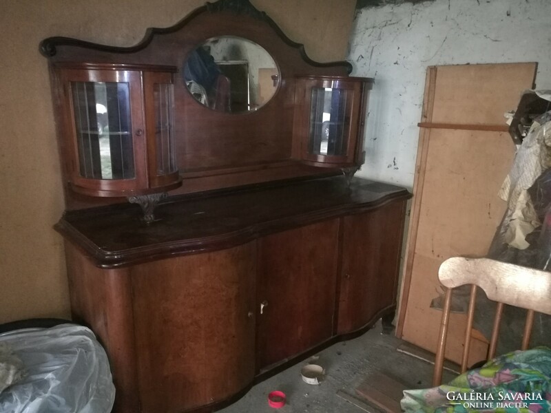 Sideboard, inlaid neo-baroque with curved glass display case on both sides