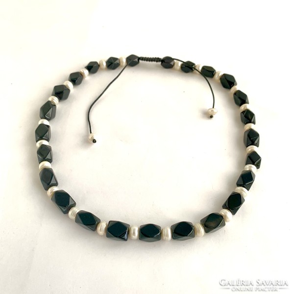 Vintage Real Pearl and Obsidian Mineral Necklace, Gemstone Necklace, Black and White Necklace, 46cm