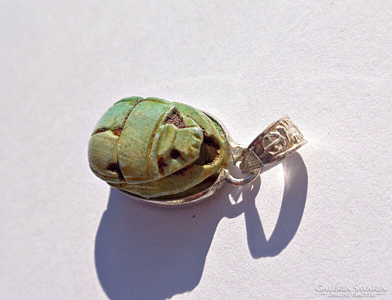 Egyptian ceramic beetle in silver socket on the back with hieroglyphs, pendant