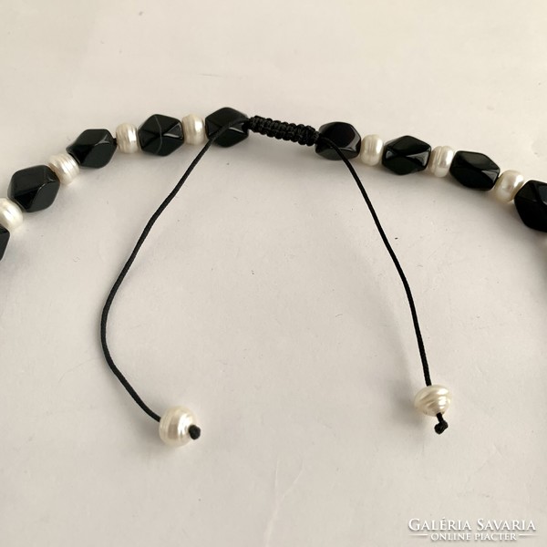 Vintage igazgyöngy és obszidián ásvány nyakék, drágakő nyaklánc, fekete-fehér nyakék, 46 cm