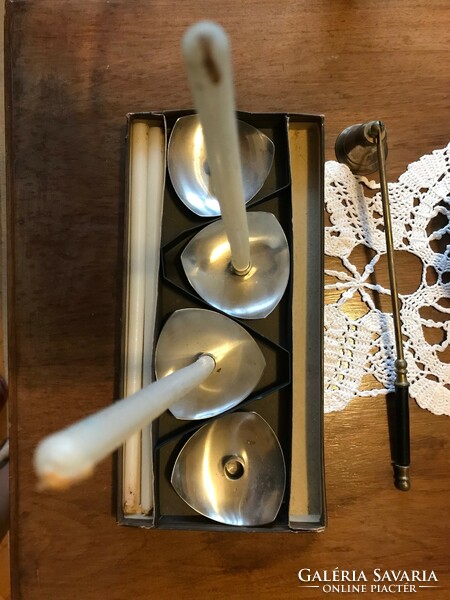 Nickel-plated metal candle holder set, with candle extinguisher and candles. From Austria. In new condition.
