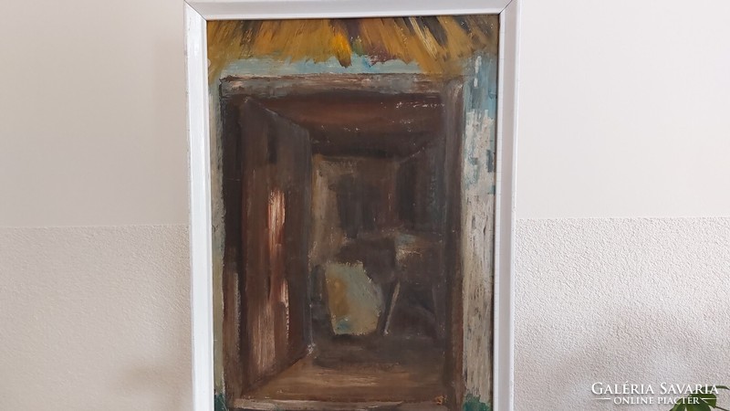 (K) Istálló ajtón keresztül festmény 37x53 cm kerettel