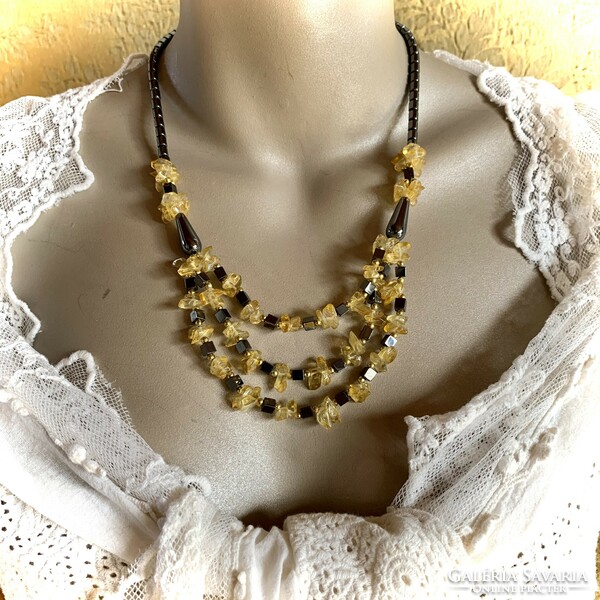 Vintage Citrine and Hematite Mineral Necklace Gemstone Necklace Black Yellow Necklace 50cm