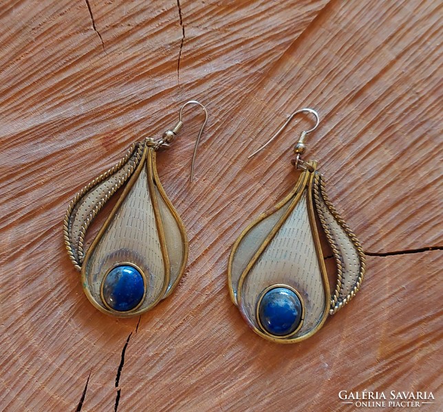 Silver-colored metal earrings with lapis lazuli stone and gold-plated decoration