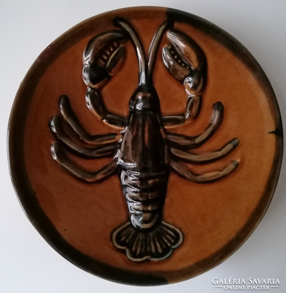 Fired ceramic wall bowl with crab pattern, numbered, 26 cm (Gorka?)