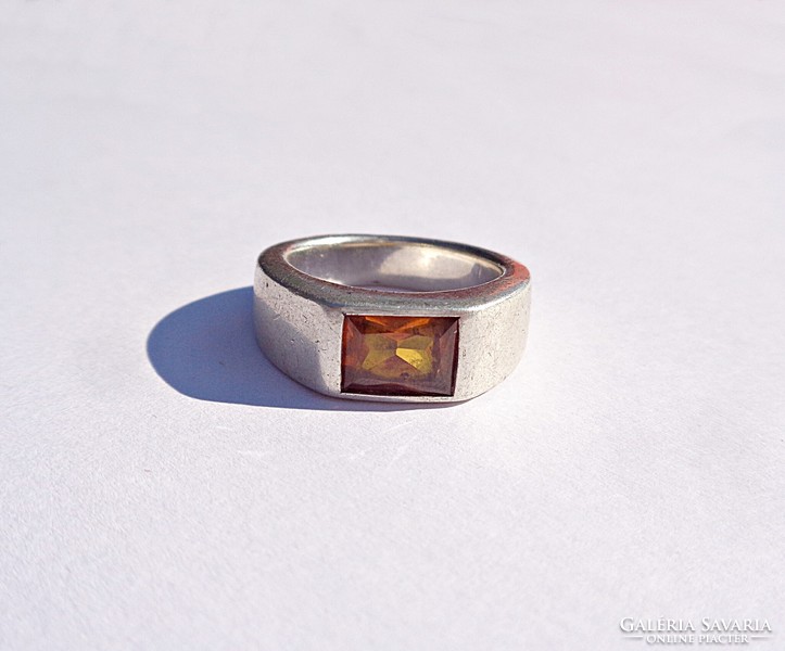 Polished citrine stone silver ring