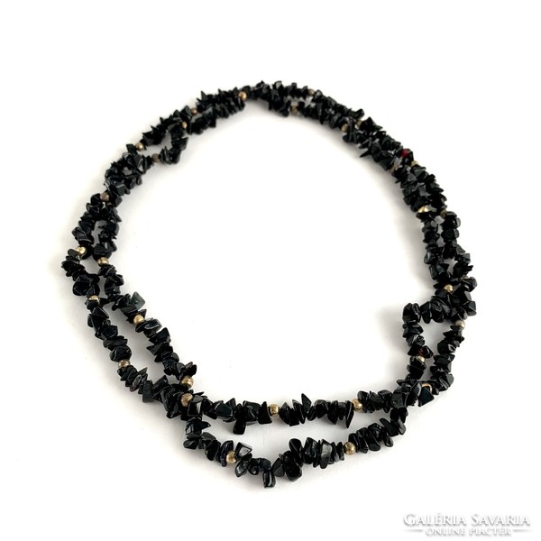 Vintage fekete obszidián ásvány nyakék, drágakő nyaklánc, hosszú fekete nyakék, 90 cm