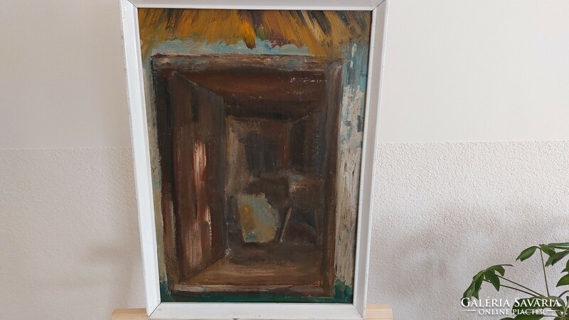 (K) through a barn door painting 37x53 cm with frame