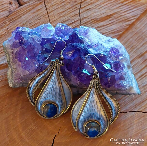 Silver-colored metal earrings with lapis lazuli stone and gold-plated decoration