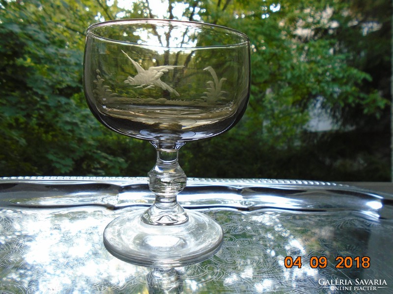 Acid-etched grouse rooster pattern French amber glass stemmed glass