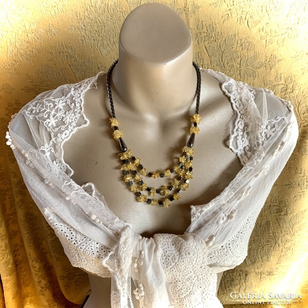 Vintage citrin és hematit ásvány nyakék, drágakő nyaklánc, fekete-sárga féldrágakő nyakék, 50 cm